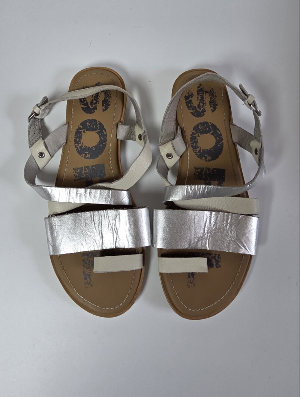 Sorel Ella Criss Cross Strappy Silver Leather Women's Sandal Size 7.5